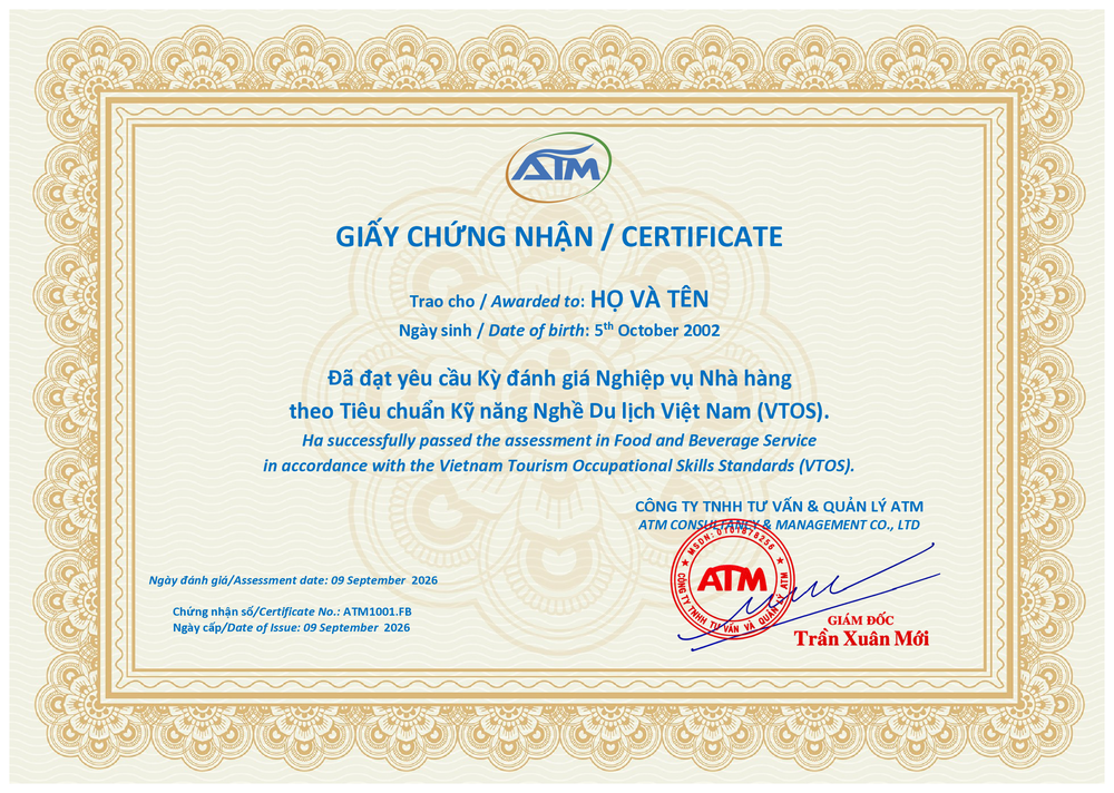 Mẫu Giấy chứng nhận VTOS do Công ty TNHH Tư vấn và Quản lý ATM cấp